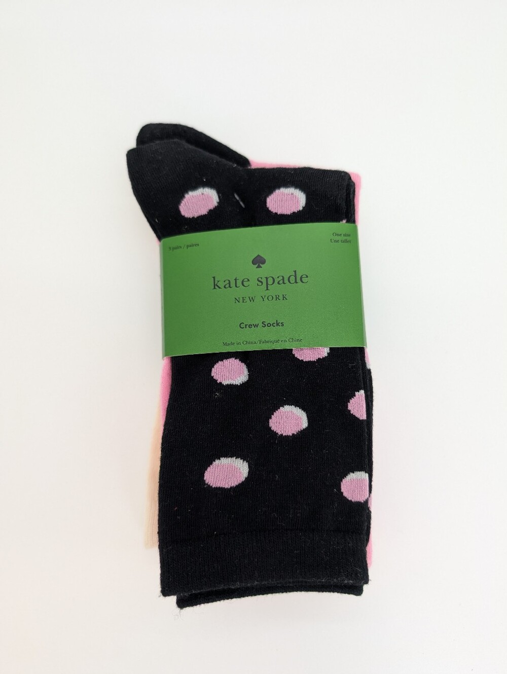 Kate Spade New York 3 Pack Set Crew Socks One Size Black Polka Dot/ Pink / Ivory